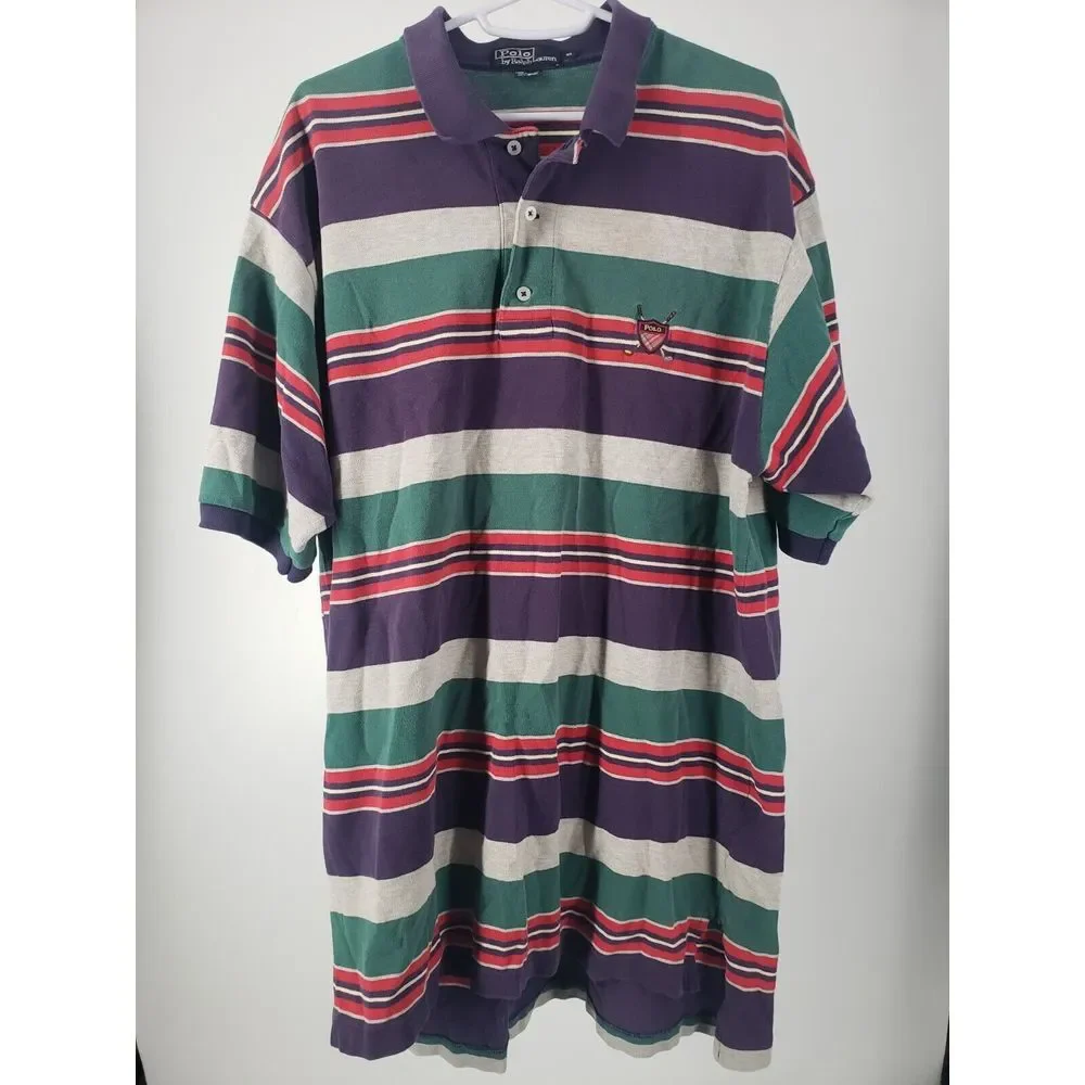 Ralph Lauren Men's Striped Red & Navy Blue‎ Polo Size XL Made In USA Vintage